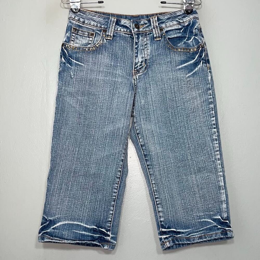 LA Blues Capris Size 6 Embellished Blue Jeans Denim Y2K Button Flap Pockets Crop